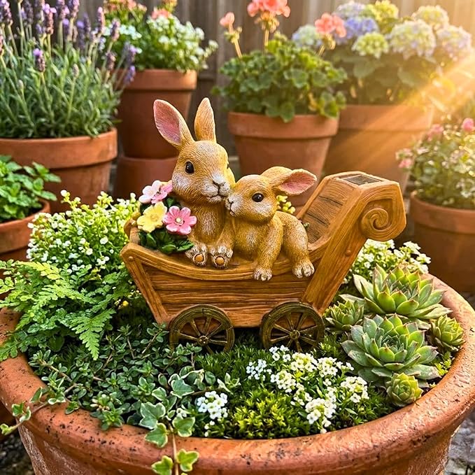 PRETMANNS Solar Garden Outdoor Statue Bunny Decor with Lights - Rabbit Lawn Ornament for Outside Yard Patio - Animal Figurines Gift for Mom Grandma - Waterproof Resin Garden Statues Outdoor - Medium
