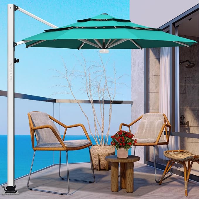 EliteShade USA APOLLO 3-Tier 11FT Full Aluminum Cantilever Patio Umbrella for Outdoor Restaurant Garden Courtyard Deck Pool and Marketing with Light (No battery), Teal