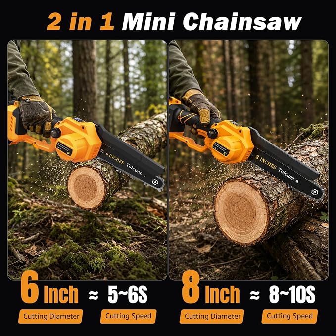 2 in 1 Mini Chainsaw Cordless,6 Inch & 8 Inch Electric Chainsaw with Digital Display,Brushless Motor Battery Powered Chainsaw,Handheld Saw for Tree Branches and Garden Cutting