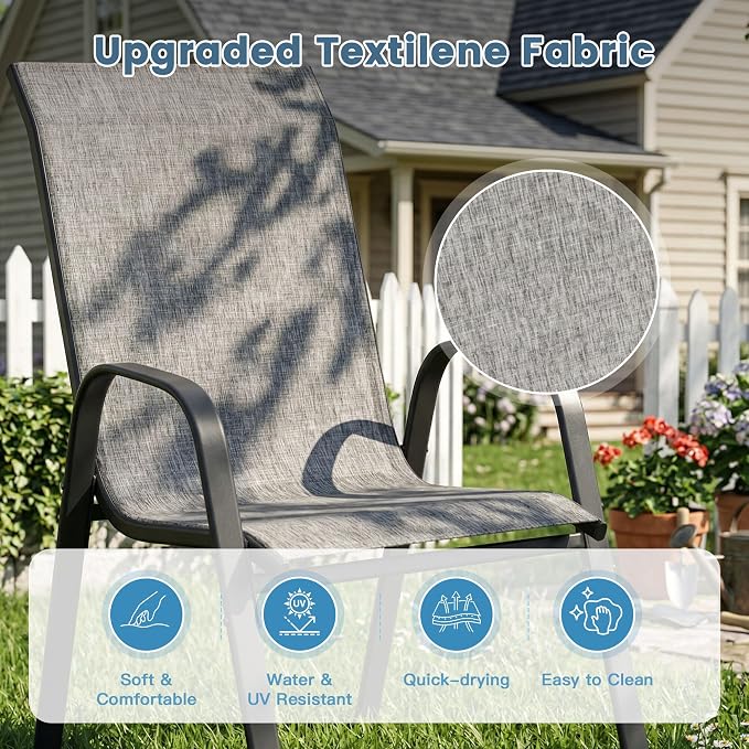 DIFY 7 Piece Outdoor Dining Set, 48" Round Metal Patio Table and Textilene Stackable Chairs for 6, All Weather Patio Furniture Set with Umbrella Hole for Backyard Garden Deck, Grey