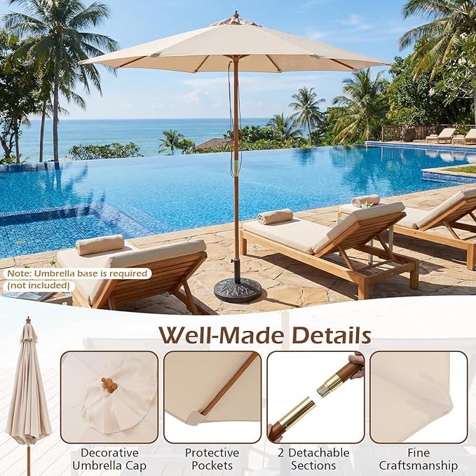 Tangkula 9 FT Patio Umbrella, Outdoor Table Market Umbrella with 8 Wooden Ribs, 3 Adjustable Heights, Rope Pulley System for Garden, Vented Top for Pool Backyard Deck Garden