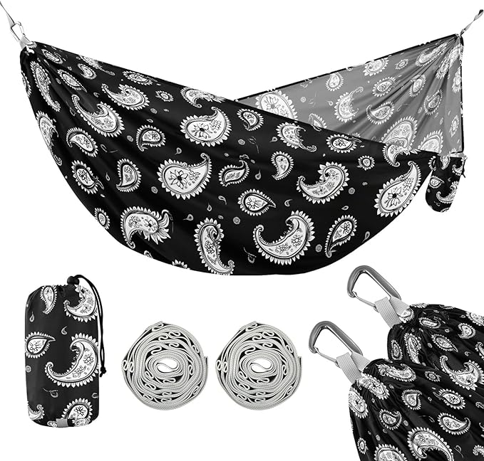 Camping Hammock Outdoor Hammocks for Outside Paisley Black Beach Trees Portable Lightweight with Pockets Tree Straps Indoor