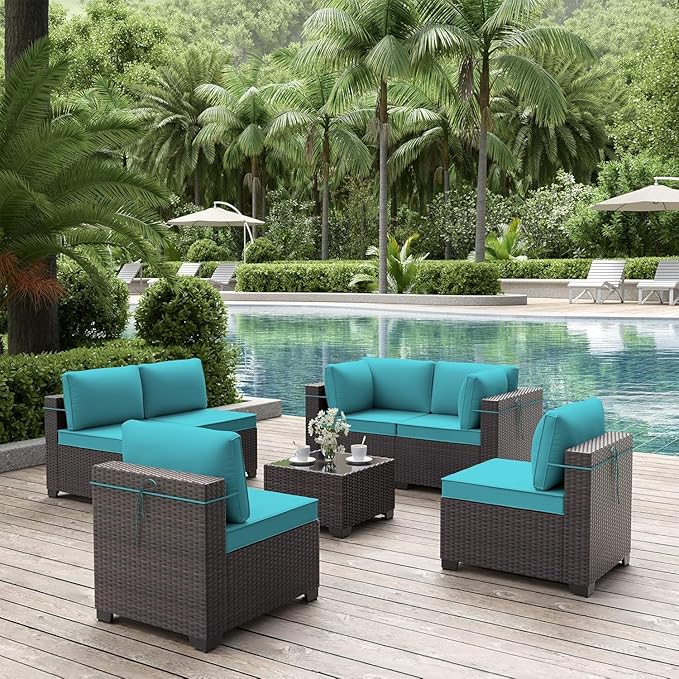 ALAULM 7 Pieces Patio Furniture Set Wicker Patio Conversation Set, Outdoor Sectional Furniture w/Coffee Table & Washable Seat Cushions-Blue