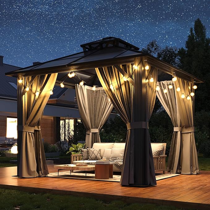 10’x10’ Hardtop Gazebo with Double Polycarbonate Roof Outdoor Metal Gazebo Sturdy Aluminum Frame & Removable Curtains, Netting Permanent Pavilion Pergola for Garden,Patio,Lawn (Gray)