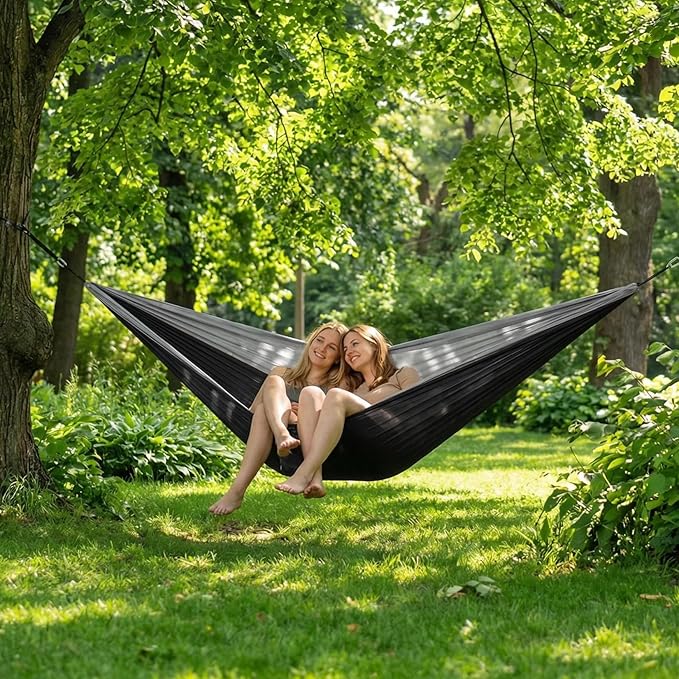 PeakPursuit Camping Double Hammock, Portable Hammock with Tree Straps, Tree Hammocks, Perfect for Outside Indoor Hiking Beach Backpack Travel, Black