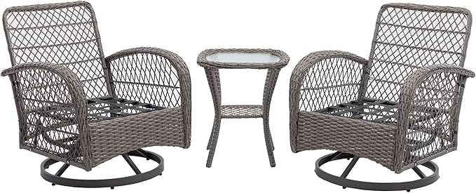 3 Pieces Outdoor Swivel Rocker Patio Chairs, 360 Degree Rocking Patio Conversation Set with Thickened Cushions and Glass Coffee Table for Backyard, Grey