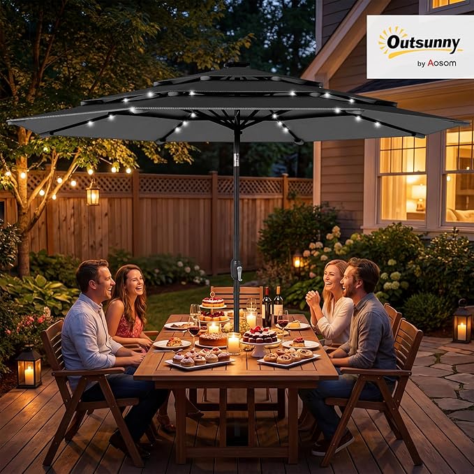 Outsunny 9.7 ft Outdoor Patio Umbrella with 32 Solar LED Lights, 3 Tier Outdoor Table Market Umbrella with Tilt and Crank, 8 Ribs for Garden, Deck, Yard, Poolside