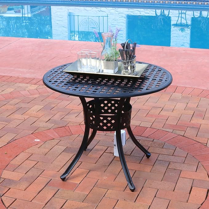 Sunnydaze Decorative Lattice Cast Aluminum Patio Dining Table with Umbrella Hole - 33-Inch Diameter - Black