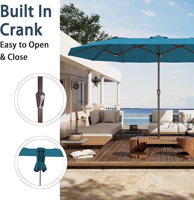 PatioKingdom 15FT Large Patio Umbrella with Base, Double Sided Rectangular Outdoor Umbrella with Sturdy Fiberglass Ribs, Market Umbrella for Pool,Garden,Backyard,Deck (Lake Blue, 15FT)