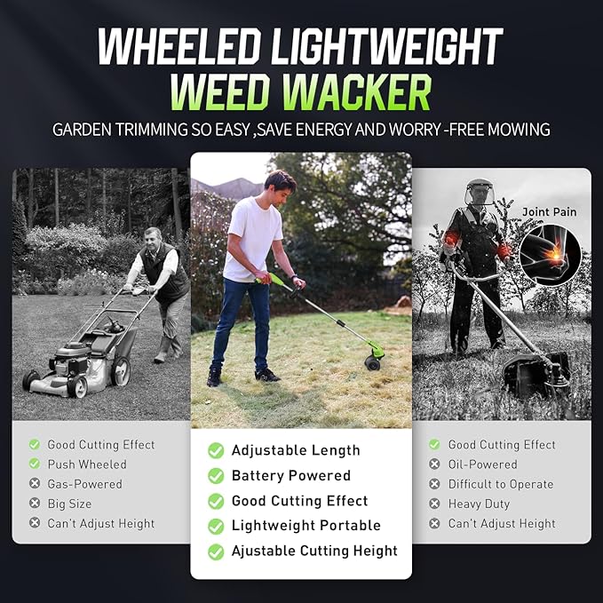 Electric Weed Wacker: Cordless Weed Trimmer with 2 * 2.0Ah Li-Ion Battery Powered & 4 Cutting Blade Types, Wheel Trimmer Lightweight Ajustable Pole &Back-Friendly Compact Power Tool for Lawn Yard Work