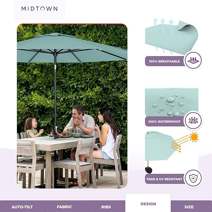 Midtown Umbrellas – The Swilt 10 Ft Patio Umbrellas with 360° Swivel & Tilt Mechanism, 8 Fiberglass Ribs & Terylast Polyester Fabric for Backyard, Deck, Pool & Cafes - Seawater Canopy, Black Pole