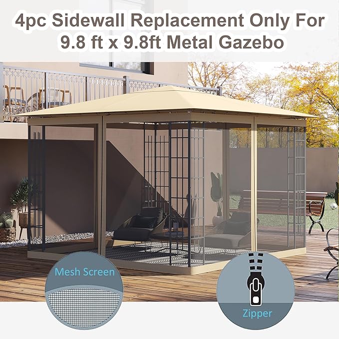 Outsunny 10' x 10' Universal Replacement Mesh Sidewall Netting for Patio Gazebos and Canopy Tents with Zippers, Sidewall Only, Beige
