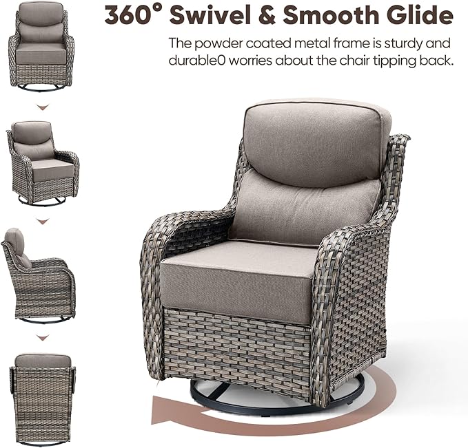 Swivel Patio Chairs sofa Set of 4 with 6" Thick Cushion - Wicker Outdoor Swivel Rocker Patio Chair ,Sofa/Glass coffee table, High Back Comfortable Outdoor Glider Chairs - Grey Wicker | Grey Cushions