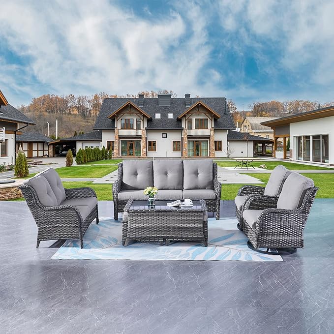 Rilyson Wicker Patio Furniture Set - 7 PC Rattan Outdoor Sectional Conversation Sets with 2 Rocking Swivel Chairs,2 Ottomans,1 Sofa,1 Loveseat and 1 Coffee Table for Porch Deck(Mixed Grey/Grey)