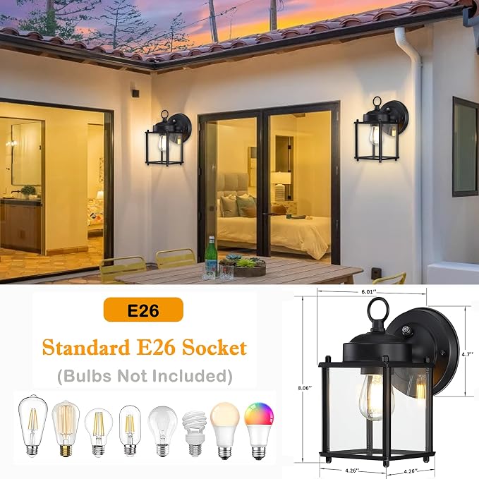 Outdoor Wall Light, Porch Lamp, Dusk to Dawn, Black | Exterior Wall Sconce Fixture for House, Garage, Patio, Rustproof Waterproof, Metal Housing with Glass, E26 Base, 4 Pack