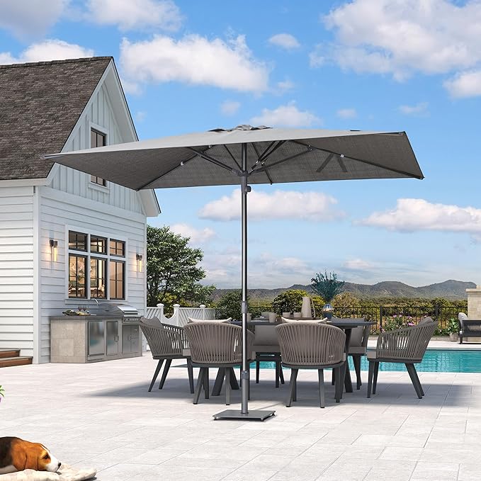 PURPLE LEAF 6 X 10 FT Semi-Auto Outdoor Patio Umbrella Market Table Sun Umbrellas with 6 Aluminum Sturdy Ribs for Backyard Deck Garden Pool (Gray Pole Gray Canopy)
