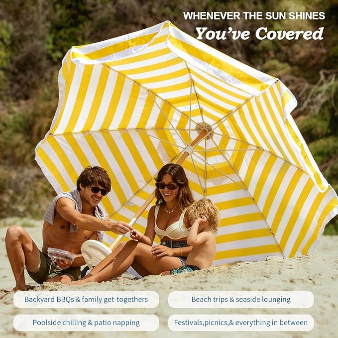 AMMSUN 7.5ft Heavy Duty HIGH Wind Beach Umbrella Commercial Grade Patio Beach Umbrella with Air Vent Ash Wood Pole & Carry Bag UPF 50+ Protection Yellow and white stripe