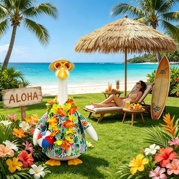 Hawaiian Porch Goose Outfits for 23" Statue, Summer Goose Clothes with Volleyball, Straw Hat, Sunglasses & Floral Wreath – Fun Tropical Lawn Decor for Garden, Patio, Beach