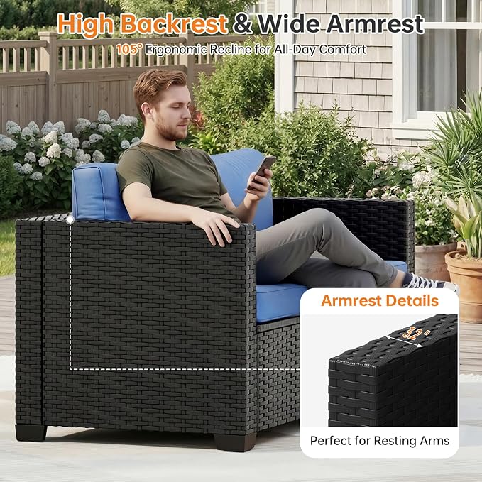 LazySunsets 6-Piece Outdoor Patio Furniture Set, Rattan Outdoor Sectional with Thick Waterproof Cushions, Wicker Ottomans & Waterproof Cover, Patio Conversation Set for Garden, Backyard, Navy Blue