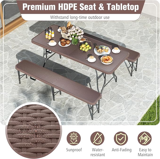 Goplus 6 FT 3-Piece Portable Picnic Table Bench Set, HDPE Rattan-Like Plastic Folding Picnic Tables with Benches, Foldable Patio Camping Beer Table, Indoor & Outdoor Folding Table and Chairs