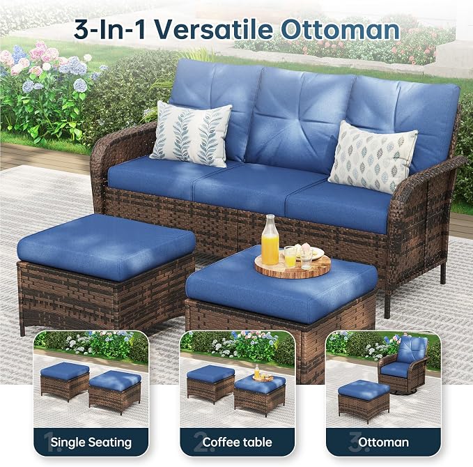 LazySunsets Luxury 10-Piece Patio Furniture Set with 44'' Fire Pit Table, Wicker Rattan Sofa with Thick Cushion, Outdoor Conversation Set for Backyard, Poolside & Garden, Brown/Navy Blue
