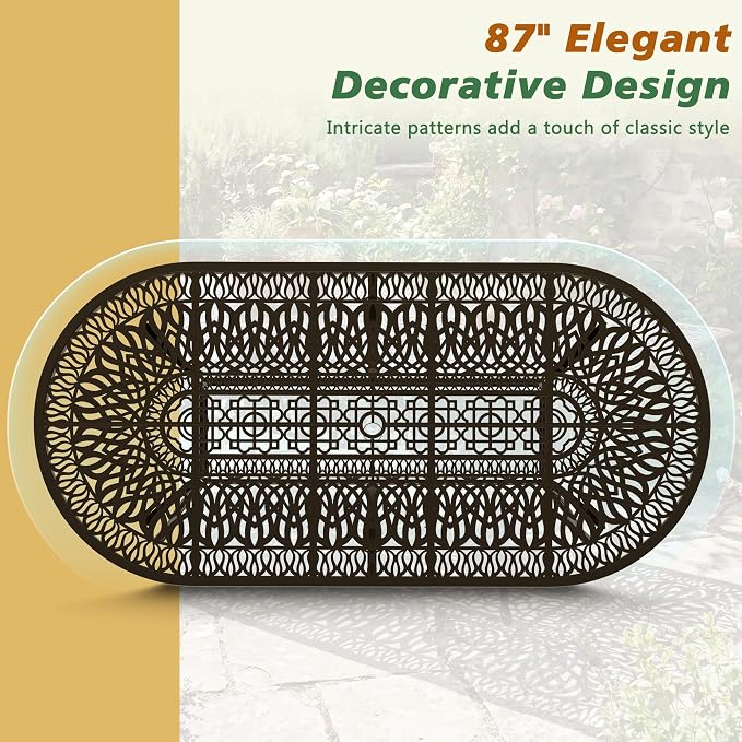 Patio Dining Table, 87" Outdoor Patio Table with Umbrella Hole Bronze Oval Cast Alluminum Patio Metal Dining Table, Outdoor Furniture for Backyard Lawn Balcony Deck