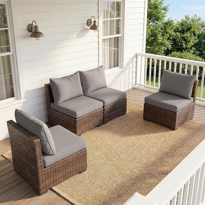 4 Pieces Patio Furniture Set, Outdoor PE Rattan Sectional Sofa with Soft Cushions for Backyard, Porch, and Poolside (Gray, 4 PCS)