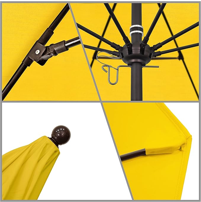 California Umbrella 9' Rd. Venture Series Contract Grade Patio Umbrella, Push Open Pin Stop, Bronze Finish, Sunbrella Sunflower Yellow