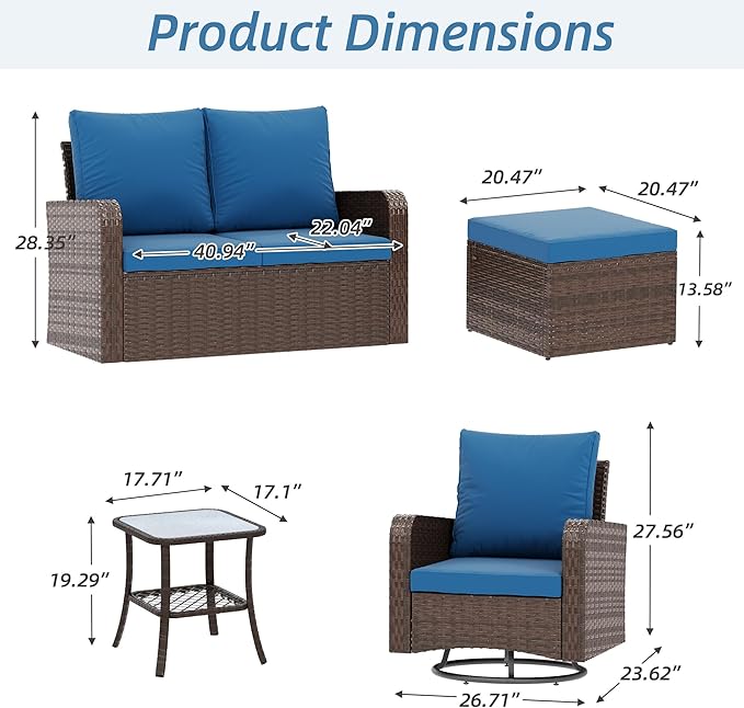 HOMREST 6 Piece Patio Conversation Sets with Loveseat, Rattan Wicker Swivel Chairs with 2 Ottoman, Coffee Table & Cushions, Outdoor Furniture Sets for Garden, Poolside, Backyard (Navy)