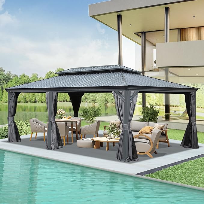 Domi 14' X 22' Hardtop Gazebo, Upgraded Metal Gazebo with Drainage System, Dual-Layer Galvanized Steel Roof, Curtain and Netting, Outdoor Shelter Canopy for Patio, Garden, and Backyard, Grey
