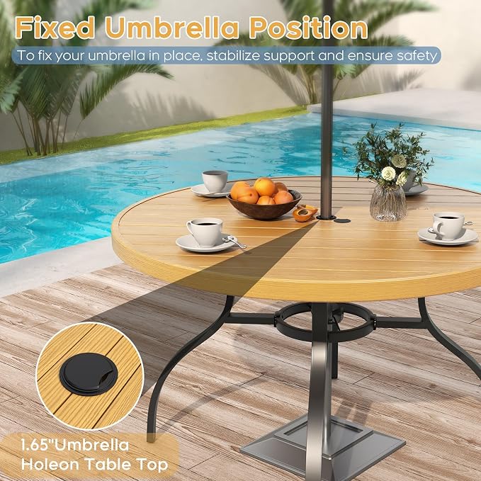47" Round Outdoor Dining Table for 6, Metal Round Patio Table with Umbrella Hole, All-Weather Outdoor Patio Dining Table for Lawn Garden Deck Backyard (Brown)