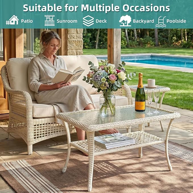 MEETWARM Wicker Patio Coffee Table, 34.5" Rectangle Outdoor Coffee Table with Tempered Glass Top and 2-Tier Storage Shelf, All-Weather Rattan Patio Side Table for Outside Poolside Garden, Cream White