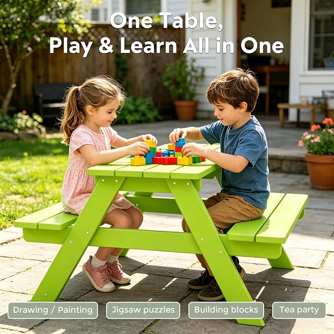 WestinTrends Malibu Outdoor Patio and Indoor Kids HDPE Plastic Picnic Bench Table, Lime