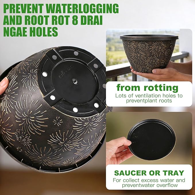 4 Pack 10 Inch Plant Pots with Drainage Holes and Saucers, Antique Gold Firework Embossed Resin Planters, Weather-Resistant Flower Pots for Indoor Outdoor Plants, Herbs, Pothos, Patio Home Decor