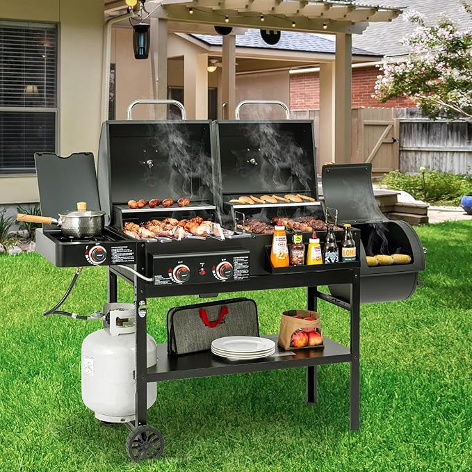 2-Burner Gas and Charcoal Grill Combo with Offset Smoker & Side Burner, 34,000 BTU Dual Fuel Grill, 1020 Sq. In. Cooking Area, Ideal for Outdoor Cooking, Black, ZH3005Y-SC