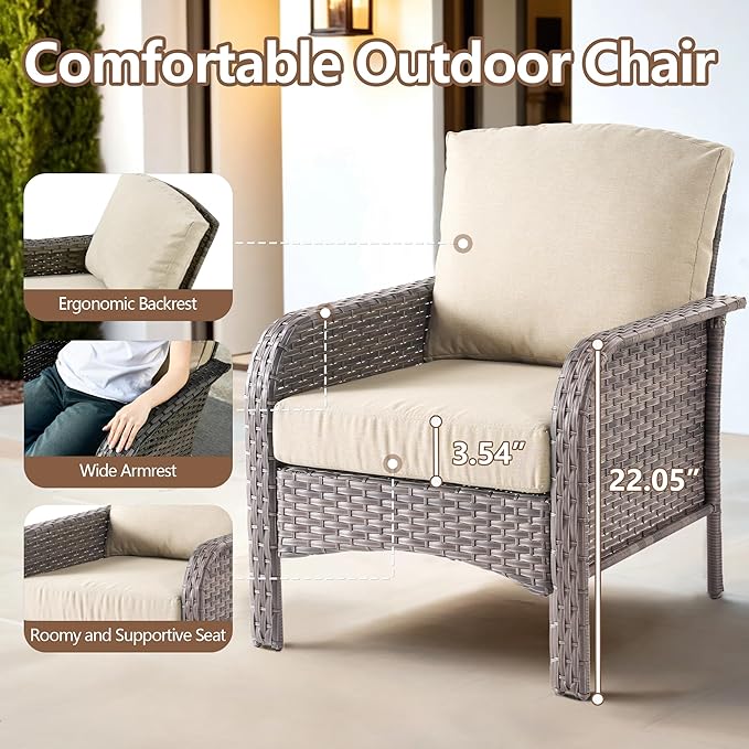 2 PCS Outdoor Patio Furniture Set with Thickened Cushions, All-Weather Rattan Wicker Outdoor Conversation Set for Porch,Backyard,Balcony,Beige