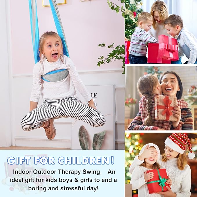 Therapy Swing Hammock Kids Cuddle Sensory Swing Indoor Therapeutic Hammock 360° Rotating Double Layer Elastic Rocking Cloth Swing Gifts for Children with ADHD SPD Asperger Autism (Sky Blue+Grey)