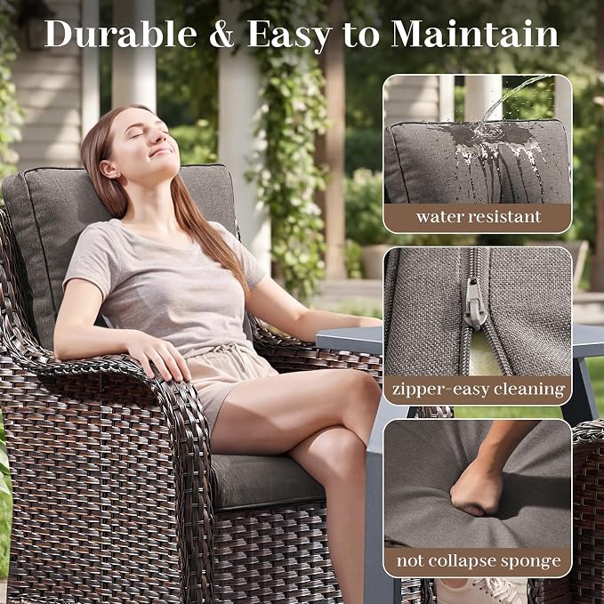 Rilyson Luxury Wicker Outdoor Conversation Set with Glider Rocker Chairs, 4 Pieces Patio Furniture Set with Rattan Swivel Rocker Chairs and Coffee Table All Weather Brown/Grey