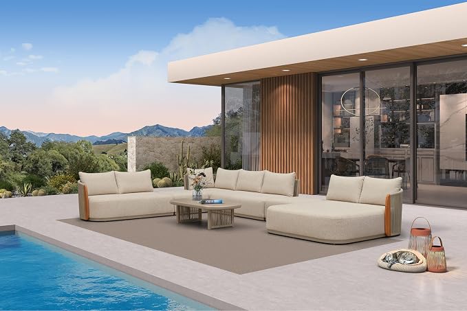 PURPLE LEAF Patio Conversation Sets, 7-Piece L-Shaped Patio Furniture Set with Genuine Teak, Olefin Fabric & 9" Thick Backrest& Aluminum Rope Coffee Table - Luxury Outdoor Sectional Sofa