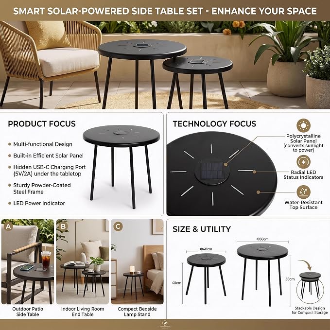 2-Pack Solar Side Table with LED Light, Outdoor Indoor Nesting Round End Table Set, Metal, Black 19.7" & 15.7"