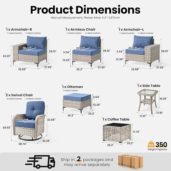 ovios 8-Piece Patio Furniture Set with L-Shape Sofa Chaise, Outdoor Sectional Couch Swivel Gliders Solar Table, Modern Modular Wicker Rattan Conversation Set, Denim Blue