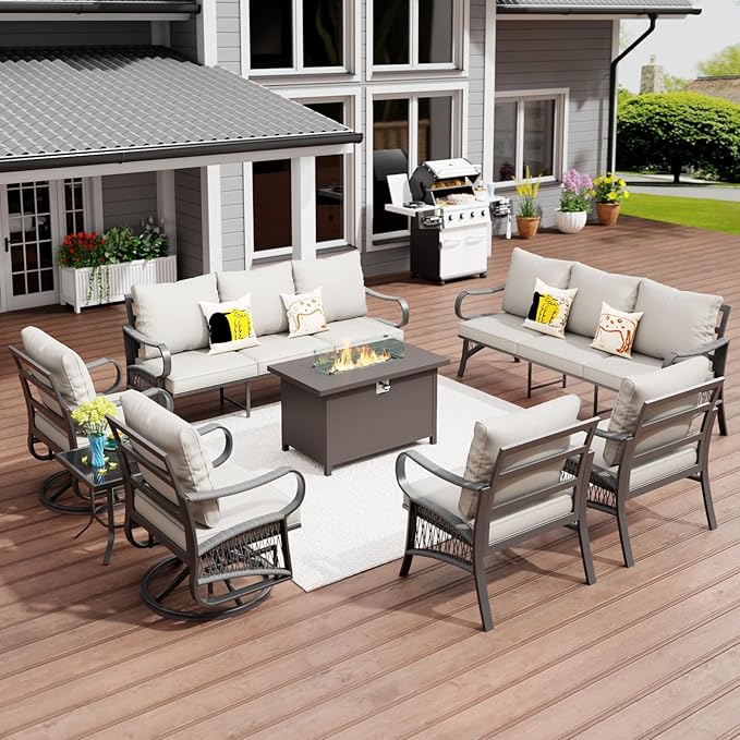 8 Piece Patio Furniture Set, All Weather Metal Outdoor Conversation Set with 50000 BTU Propane Fire Pit Table, 3 Seat Sofa, 2 Swivel Chairs and 5" Cushions for Garden, Porch, Lawn, Beige