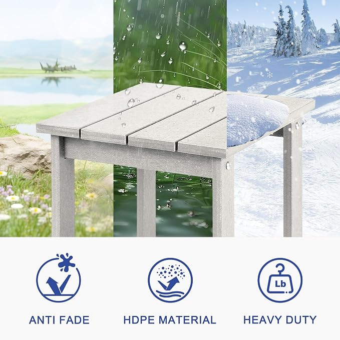 LZRS Patio End Table, Heavy Duty HDPE Outdoor Coffee Table with Wood Texture, Weatherproof Composite Table for Adirondack Chairs, Deck, Pool, Indoor/Outdoor, No Peeling or Cracking(White)