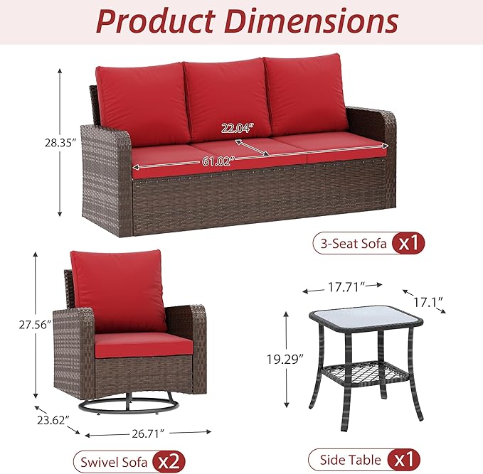 HOMREST 4 Piece Wicker Patio Furniture Set, 360 Degree Outdoor Swivel Patio Chairs w/Coffee Table and 3-Seat Sofa, Small Patio Furniture Set for Garden, Deck and Poolside (Wine Red)