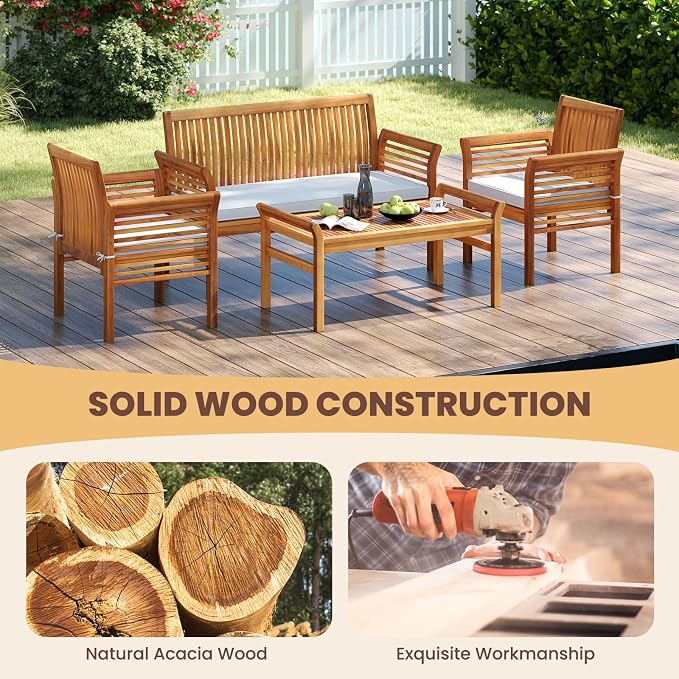 4 Piece Patio Furniture Set, Acacia Wood Sofa Set with Rectangular Coffee Table & Soft Seat Cushions, Outdoor Conversation Set for Garden, Backyard & Poolside