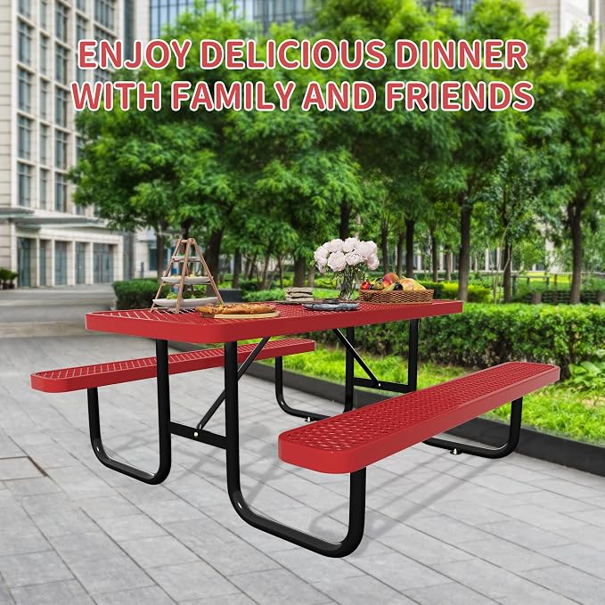 6FT Picnic Tables for Outdoors, Rectangular Commercial Metal Picnic Table Bench Set with Umbrella Hole, Heavy Duty Steel Weather-Resistant Dining Table for Patio Dining Garden Backyard BBQ School