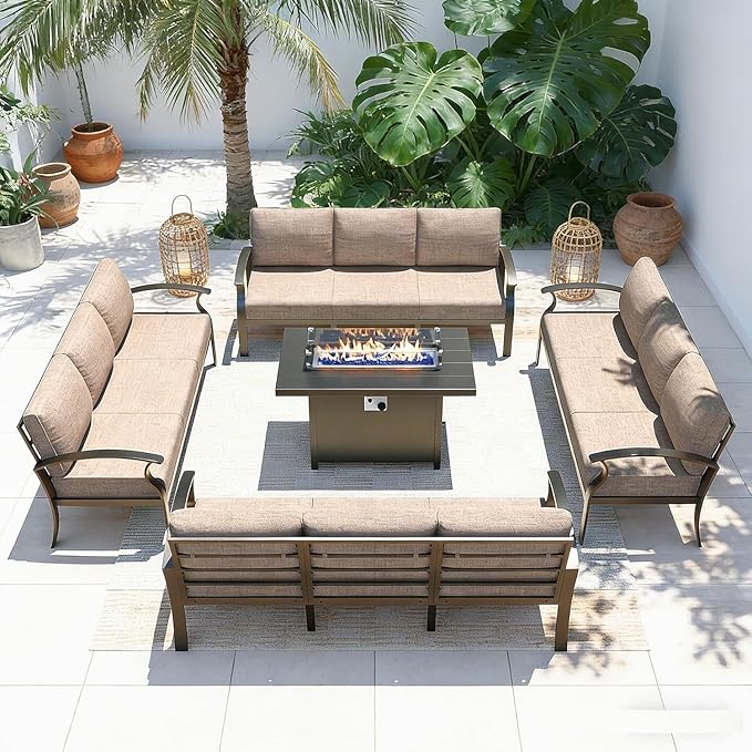 Gotland Aluminum Patio Furniture Set with Fire Pit Table, Metal Patio Furniture with 12 Seats Waterproof 5.1'' Seat Cushions, Oversized Outdoor Sectional Conversation Sets for Balcony Porch Khaki