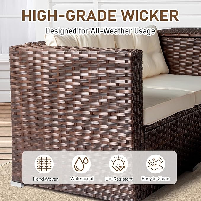 VINGLI 4 Pieces Outdoor Sectional Wicker Patio Furniture Set, Patio Sectional Sofa with Hidden Storage Outdoor Conversation Set, Glass Top Coffee Table for Backyard, Pool, Garden(Brown)