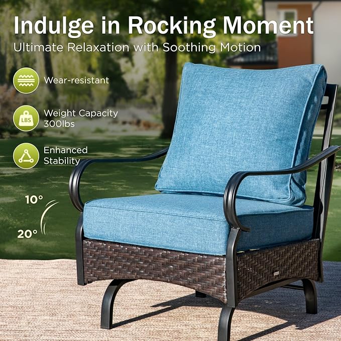 PHI VILLA Patio Furniture Set, Upgraded Wicker & Metal Modern Outdoor Conversation Sets Patio Sectional Rocking Chair Set with Coffee Table & Waterproof Thick Cushions for Porch, Deck(6 Pieces, Navy)