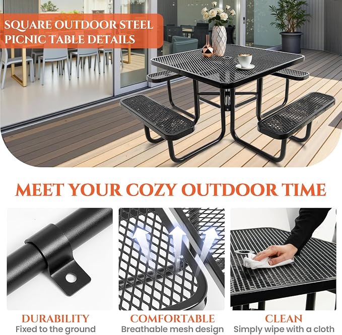 47'' Heavy Duty Picnic Square Table with 4 Benches, Up to 8 People Expanded Meta Outdoor Patio Dining Table with Umbrealla Hole, Outdoor Bench Set Steel Mesh Dining Furniture for Garden, Lawn, Patio